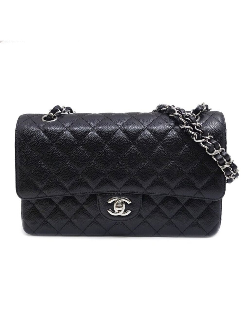 Chanel Quilted 25 Chain Shoulder Double Flap Bag Caviar Leather Black Silver
